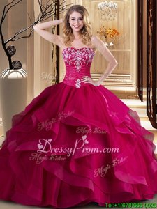 Floor Length Lace Up Quinceanera Gowns Coral Red and In forMilitary Ball and Sweet 16 and Quinceanera withEmbroidery and Ruffles
