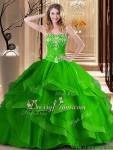 Charming Sleeveless Tulle Floor Length Lace Up Quinceanera Dresses inSpring Green forSpring and Summer and Fall and Winter withEmbroidery and Ruffles
