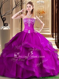 Sleeveless Tulle Floor Length Lace Up Quinceanera Dresses inFuchsia forSpring and Summer and Fall and Winter withEmbroidery and Ruffles