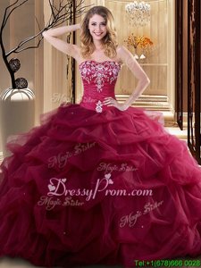 Noble Embroidery and Ruffles Ball Gown Prom Dress Wine Red Lace Up Sleeveless Floor Length