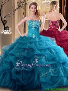 Teal Ball Gowns Embroidery and Ruffles Quince Ball Gowns Lace Up Tulle Sleeveless Floor Length