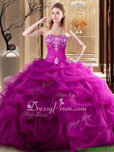 Fuchsia Sweetheart Neckline Embroidery and Pick Ups Sweet 16 Quinceanera Dress Sleeveless Lace Up