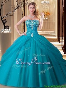 Exceptional Teal Lace Up Sweetheart Embroidery Quinceanera Gowns Tulle Sleeveless