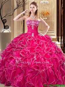 Glorious Hot Pink Sweetheart Neckline Embroidery and Ruffles Ball Gown Prom Dress Sleeveless Lace Up