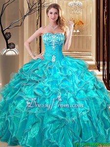 Adorable Aqua Blue Organza Lace Up 15 Quinceanera Dress Sleeveless Floor Length Embroidery and Ruffles