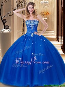 Flirting Sleeveless Floor Length Beading and Embroidery Lace Up 15 Quinceanera Dress with Royal Blue