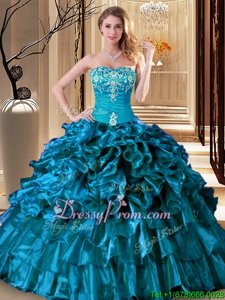 Sophisticated Teal Organza Lace Up Sweetheart Sleeveless Floor Length Ball Gown Prom Dress Embroidery and Ruffles
