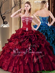 Latest Wine Red Sweetheart Neckline Embroidery and Ruffles Quinceanera Dresses Sleeveless Lace Up