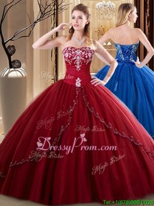 Unique Wine Red Ball Gowns Sweetheart Sleeveless Tulle Floor Length Lace Up Embroidery 15 Quinceanera Dress