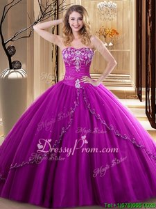 Gorgeous Fuchsia Ball Gowns Embroidery Vestidos de Quinceanera Lace Up Tulle Sleeveless Floor Length