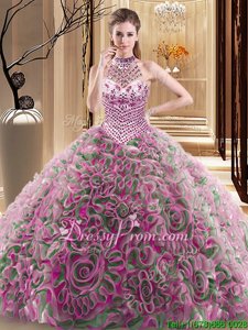 Dynamic Brush Train Ball Gowns Quince Ball Gowns Multi-color Halter Top Fabric With Rolling Flowers Sleeveless With Train Lace Up