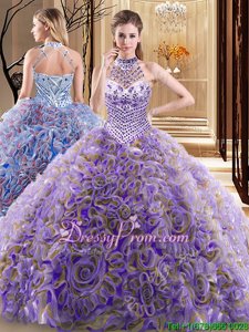 Modest Halter Top Sleeveless Brush Train Lace Up 15 Quinceanera Dress Multi-color Fabric With Rolling Flowers