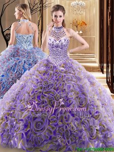 Modest Halter Top Sleeveless Brush Train Lace Up 15 Quinceanera Dress Multi-color Fabric With Rolling Flowers