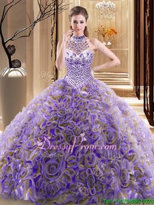 Traditional Multi-color Ball Gowns Halter Top Sleeveless Fabric With Rolling Flowers With Brush Train Lace Up Beading Sweet 16 Dress