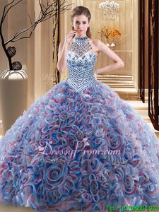 Comfortable Sleeveless With Train Beading Lace Up Quinceanera Gown with Multi-color Brush Train