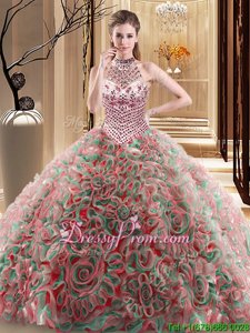 Custom Designed With Train Multi-color Vestidos de Quinceanera Halter Top Sleeveless Brush Train Lace Up