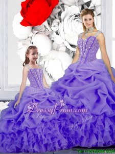 Fashion Straps Sleeveless Quinceanera Gowns Floor Length Beading and Ruffles and Pick Ups Lavender Organza