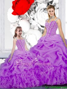 Sumptuous Purple Ball Gowns Beading and Ruffles and Pick Ups Sweet 16 Dress Lace Up Organza Sleeveless Floor Length