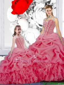Beauteous Rose Pink Ball Gowns Straps Sleeveless Organza Floor Length Lace Up Beading and Ruffles and Pick Ups 15 Quinceanera Dress