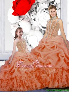 Floor Length Orange 15th Birthday Dress Organza Sleeveless Spring and Summer and Winter Beading and Ruffles and Pick Ups