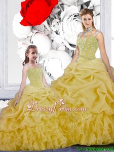 Fabulous Yellow Organza Lace Up Sweet 16 Quinceanera Dress Sleeveless Floor Length Beading and Ruffles and Pick Ups