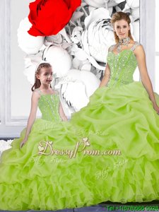 Sweet Yellow Green Organza Lace Up Spaghetti Straps Sleeveless Floor Length Quince Ball Gowns Beading and Ruffles and Pick Ups