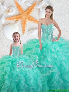 Modest Sleeveless Organza Floor Length Lace Up Quinceanera Dress inTurquoise forSpring and Summer and Fall and Winter withBeading and Ruffles
