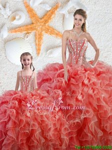 Floor Length Ball Gowns Sleeveless Coral Red Quinceanera Dress Lace Up