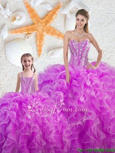 Affordable Fuchsia Sleeveless Organza Lace Up 15 Quinceanera Dress forMilitary Ball and Sweet 16 and Quinceanera