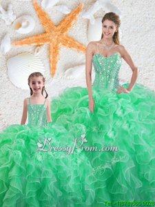 Hot Sale Floor Length Apple Green Sweet 16 Dresses Organza Sleeveless Spring and Summer and Fall and Winter Beading and Ruffles