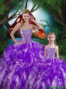 Eggplant Purple Lace Up Quince Ball Gowns Beading and Ruffles Sleeveless Floor Length