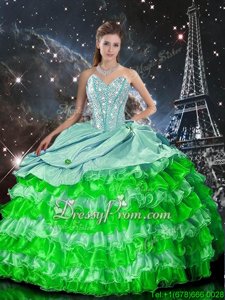 Stylish Sweetheart Sleeveless Quinceanera Gowns Floor Length Beading and Ruffles Multi-color Organza