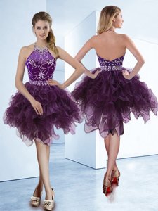 Cheap Dark Purple Organza Zipper Halter Top Sleeveless Knee Length Dress for Prom Beading