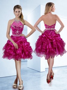 Custom Design Fuchsia Zipper Halter Top Beading and Ruffles and Pick Ups Prom Dresses Organza Sleeveless