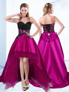 Fuchsia A-line Appliques Prom Dress Lace Up Satin Sleeveless High Low