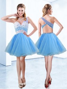 A-line Baby Blue One Shoulder Organza Sleeveless Knee Length Criss Cross