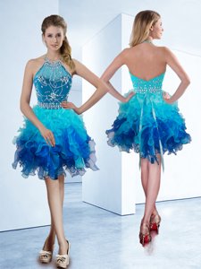 Halter Top Beading Prom Dresses Multi-color Zipper Sleeveless Knee Length