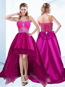 Top Selling With Train Fuchsia Prom Evening Gown Satin Brush Train Sleeveless Beading and Ruching