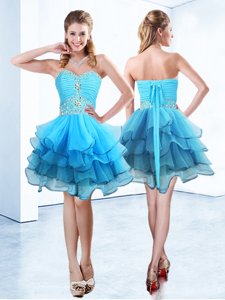Fitting Blue Lace Up Prom Evening Gown Beading and Ruffled Layers Sleeveless Mini Length