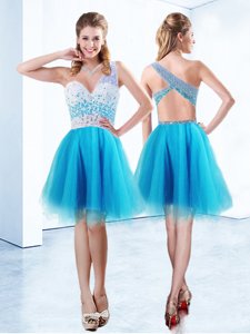 Fine One Shoulder Sleeveless Tulle Knee Length Criss Cross Prom Party Dress in Baby Blue for with Beading