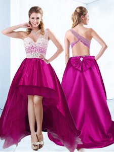 Beading Evening Dress Fuchsia Criss Cross Sleeveless High Low