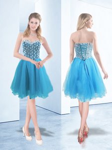 Blue Sleeveless Beading Knee Length Dress for Prom