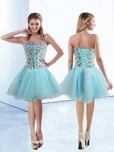 Designer Light Blue A-line Sweetheart Sleeveless Organza Knee Length Lace Up Beading Prom Dresses