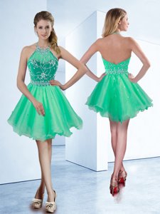 Popular Halter Top Sleeveless Zipper Knee Length Beading Prom Dresses