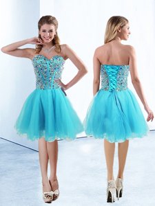 High End Aqua Blue A-line Beading Evening Dress Lace Up Tulle Sleeveless Knee Length