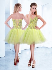 Artistic Yellow Green Sleeveless Knee Length Beading Lace Up