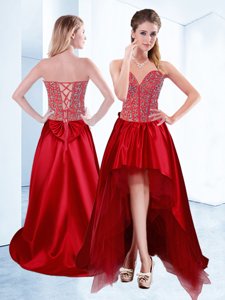 Fabulous A-line Prom Gown Wine Red Sweetheart Satin Sleeveless High Low Lace Up
