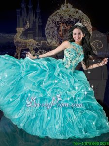 High Quality Aqua Blue Ball Gowns Bateau Sleeveless Organza Floor Length Lace Up Beading and Appliques and Pick Ups Sweet 16 Quinceanera Dress