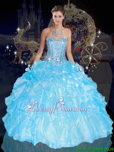 Blue Organza Lace Up Quinceanera Dress Sleeveless Floor Length Beading and Ruffles