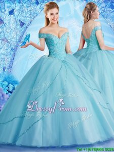 Aqua Blue Sleeveless With Train Beading Lace Up Quince Ball Gowns